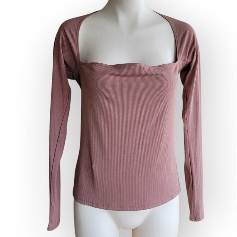 Naked Wardrobe XL Brown Square Neck Ribbed Long Sleeve Stretchy Neutral Top - Picture 2 of 8